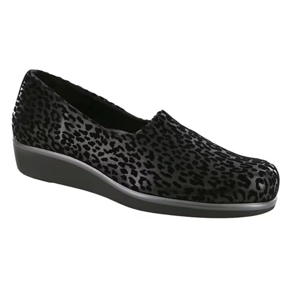 SAS Bliss Loafers Leopard Flex Fabric Low Wedge Heel Womens 11 Black NEW - Picture 1 of 8